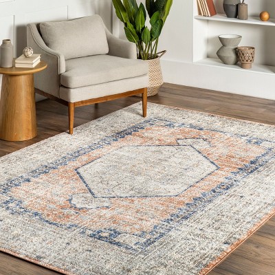 Vintage Orange and Blue Floral Square Area Rug