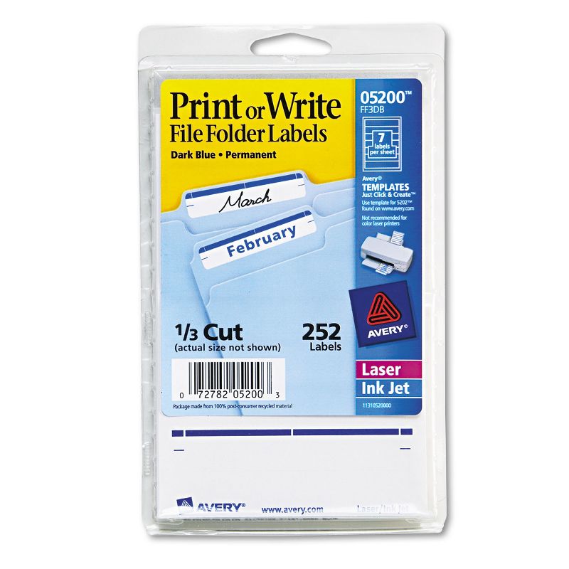 Avery Print or Write File Folder Labels 11/16 x 3 7/16 White/Dark Blue Bar 252/Pack 05200, 1 of 9