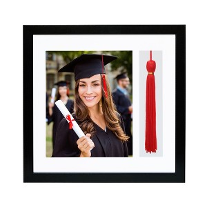 Americanflat 13x13 Black Graduation Frame | 2 Opening Mat Displays 8"x10" Photo and Tassle. Tempered Shatter-Resistant Glass. 2X Sawtooth Hangers - 1 of 4
