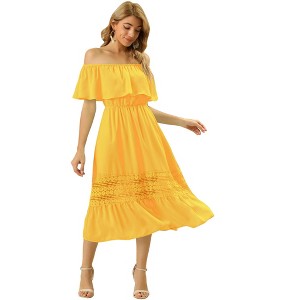 Allegra K Women's Off Shoulder Ruffle Lace Insert High Waist Short Sleeve Flowy Maxi Dress - 1 of 4