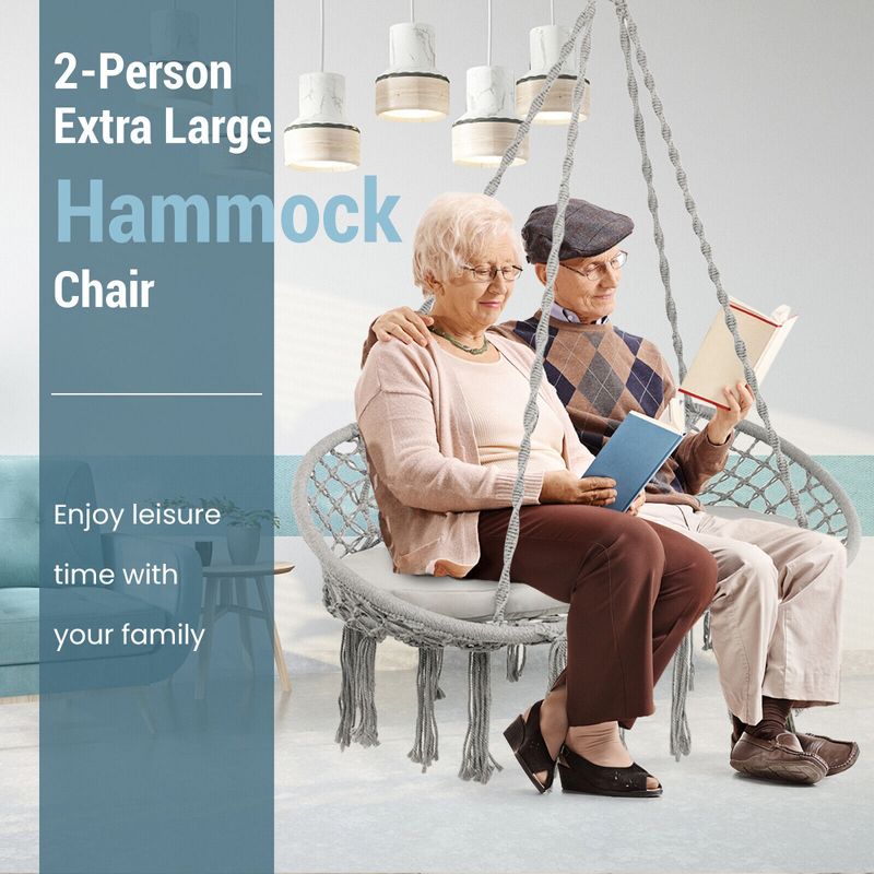 Tangkula 2 Person Hanging Hammock Chair w/ Cushion Macrame Swing 330 lbs Capacity Grey, 4 of 11