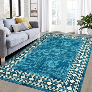 Contemporary Bordered Area Rug, Distressed Geometric Design, Soft Washable Low-Pile Non-Slip, Stain-Resistant and Non-Shedding, Blue, 8'x10' - 1 of 4