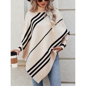 Clearlove Women's Asymmetrical Striped Half-High Mock Collar Bat Sleeve Pullover Knitted Sweater Top - 1 of 4