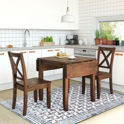 VYNXARIA 3-Piece Wood Drop Leaf Breakfast Nook Dining Table Set with 2 X-back Chairs for Small Places,