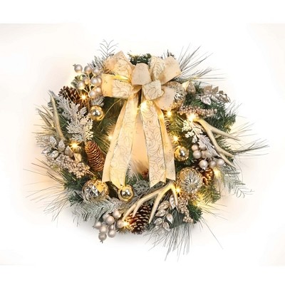 24-Inch Pre-Lit Christmas Wreath with 20 LED Lights, Gold Ball Ornaments, Bows & Antlers, Holiday Garland for Home Decoration, Champagne Gold