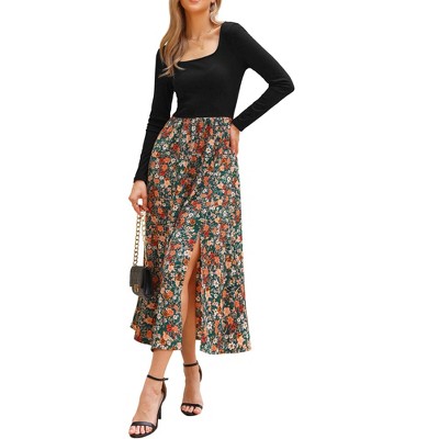 INSPIRE CHIC Women's Maxi Swing Hem Square Neck Vintage Patchwork Party Dress