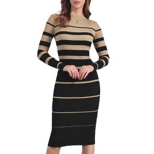 INSPIRE CHIC Women's Striped Long Sleeve Stretchy Crew Neck Bodycon Ribbed Knit Casual Fall Sweater Dress - 1 of 4