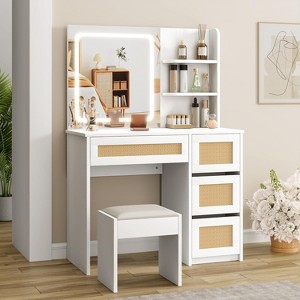 Vanity Desk with Mirror and Adjustable Lights, Makeup Vanity Desk with Rattan Drawers, Built-in Power Outlet & USB, Makeup Table for Bedroom, White - 1 of 4