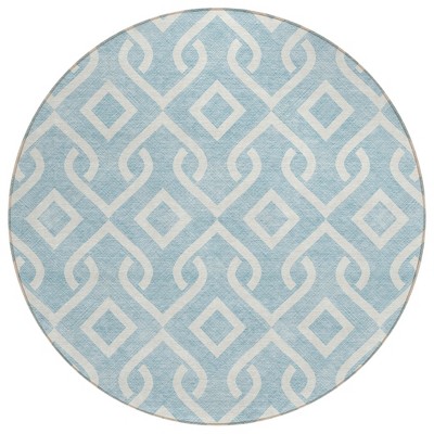 Sky Blue And Ivory Geometric Washable Indoor Outdoor Area Rug