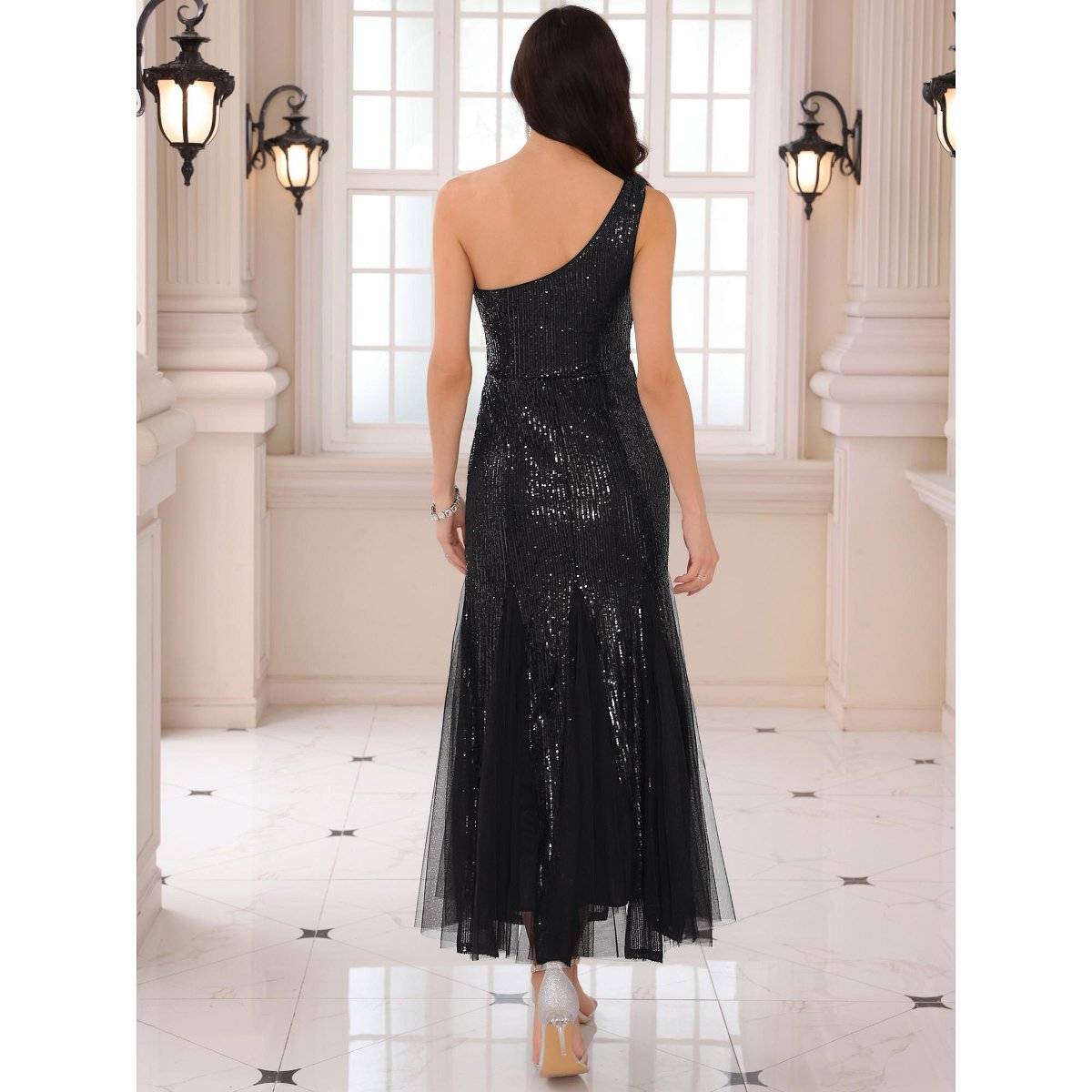 Женские платья INSPIRE CHIC Women's Sequin Maxi One Shoulder Mermaid Prom Evening Wedding Cocktail Dress Black Small — фото 4