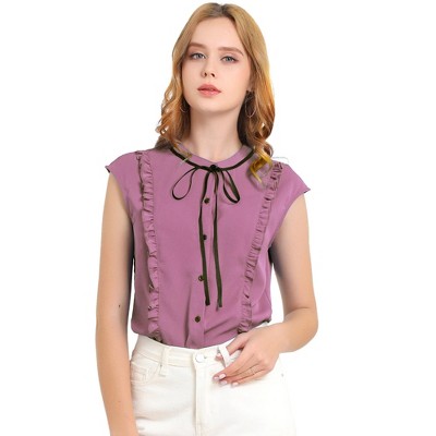 Allegra K Women's Cute Tie Neck Sleeveless Ruffle Button Down Chiffon Summer Shirt