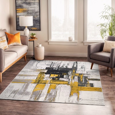 Gold and Gray Abstract Square Area Rug 6'6" x 6'6"
