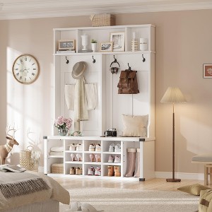 3-in-1 Entryway Hall Tree with Bench & Shoe Storage, Multifunctional Coat Rack and Shoe Bench, Wood Hallway Organizer - 1 of 4