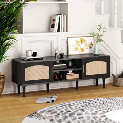 Sevobal Decorative Storage Cabinets, Rattan Mid Century, Living Room TV Cabinet, Cabinet for Kitchen Bedroom, Black 53.9*13.8*18.9