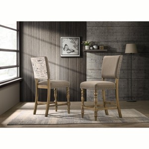 Roundhill Furniture Birmingham Script Printed Driftwood Finish Counter Height Dining Chair with Nail head, Set of 2 - 1 of 4
