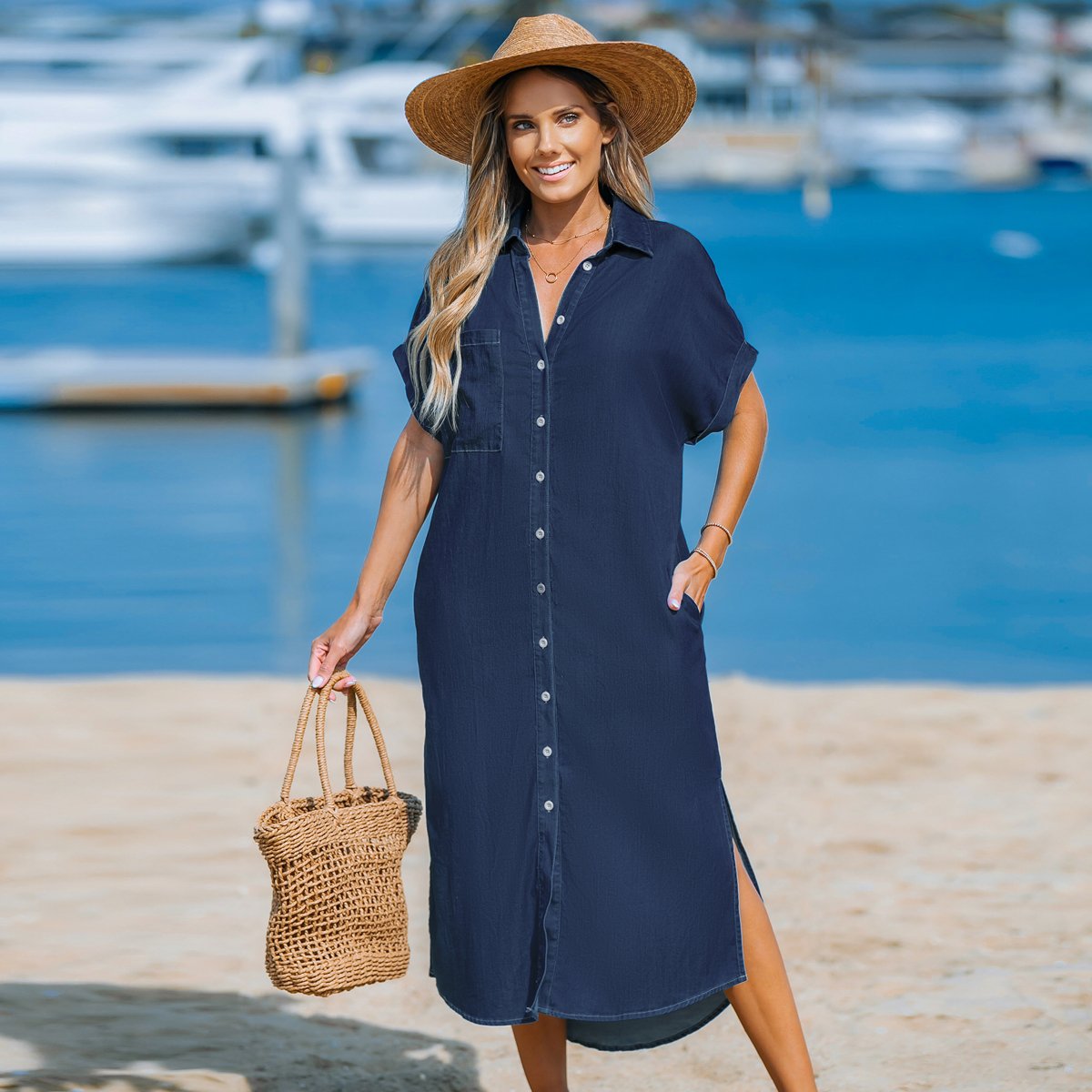 Женские платья Cupshe Women's Denim Button Front Side Slit Shirt Midi Dress -Cupshe-S-Navy — фото 7
