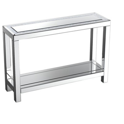 HomeRoots 47" Silver Mirrored Glass And Faux Crystals Console Table With Shelf