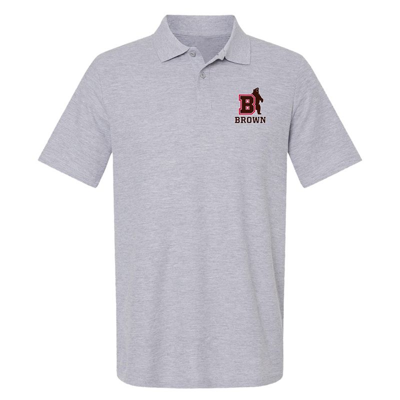 Men's Brown University Primary Mark, Cotton Polo Short Sleeve T-Shirt, Athletic Heather, Small