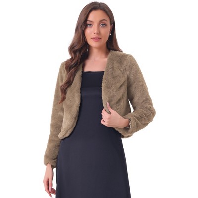 INSPIRE CHIC Women's Long Sleeve Open Front Cropped Winter Faux Fur Jacket