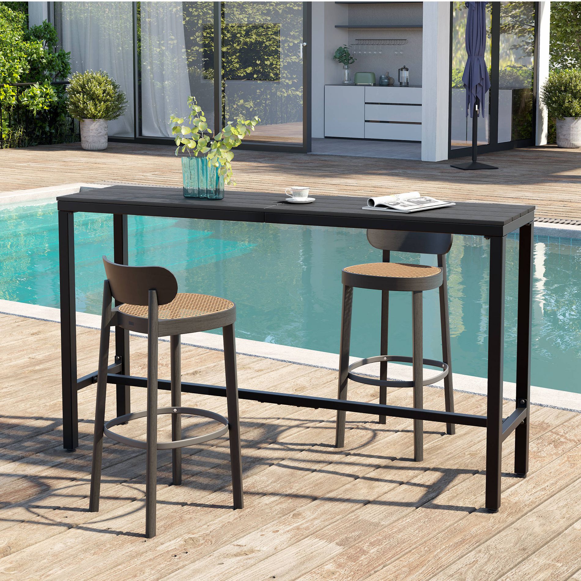 Pellebant 63in Outdoor Bar Table Rectangular Patio Counter Height Table Wood-Look Top Metal Frame Black