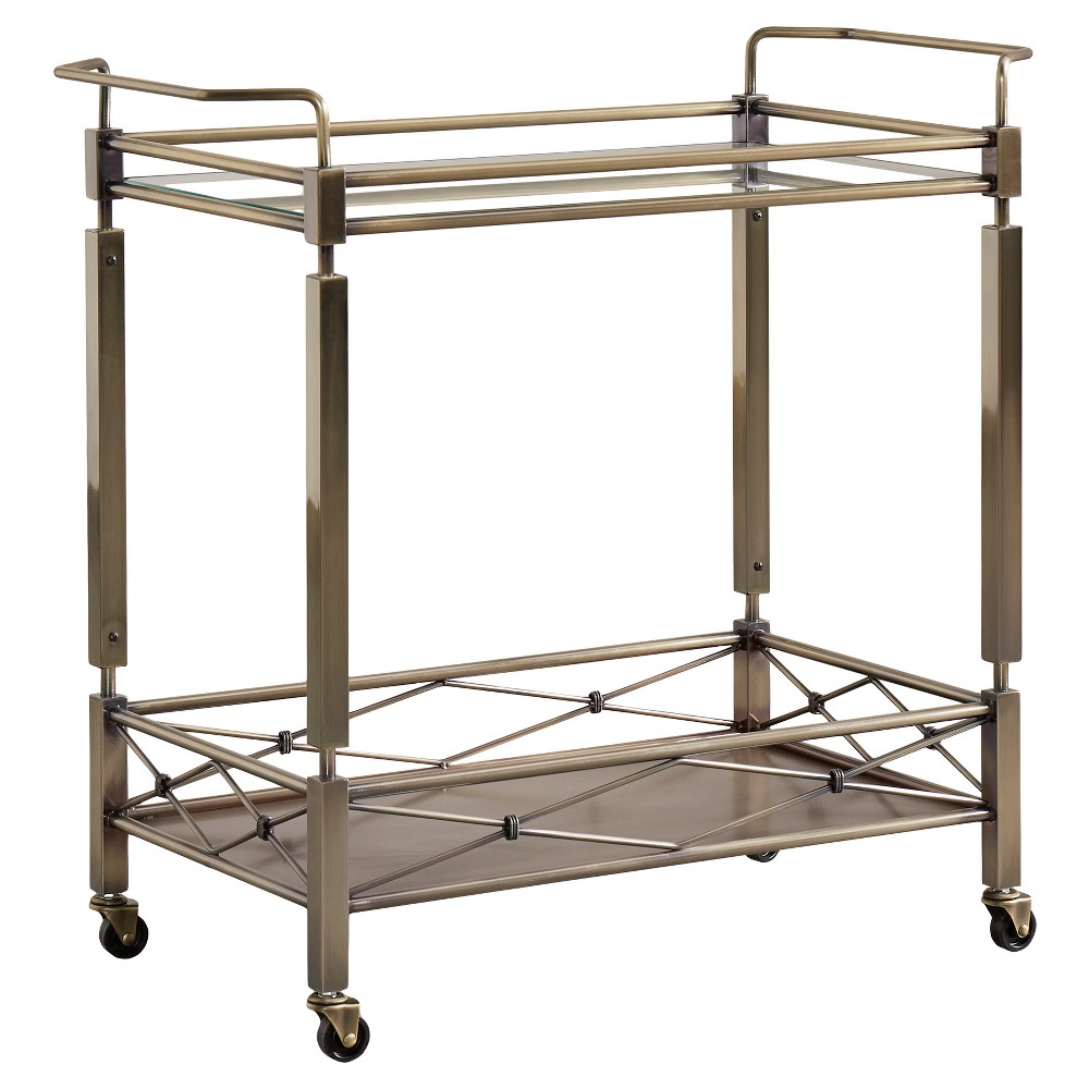 Evelyn Metal & Glass Bar Cart Antique Brass - Inspire Q: Modern Indoor Serving Cart with Casters/Wheels