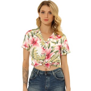Allegra K Women's Hawaiian Floral Leaves Printed Short Sleeve Button Down Vintage Shirt - 1 of 4