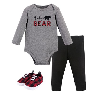 Image of Little Treasure Baby Boy Cotton Bodysuit, Pant and Shoe 3pc Set, Baby Bear, 9-12 Months