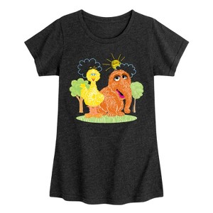Girls' - Sesame Street - Scribble Big Bird Snuffleupagus Fitted Short Sleeve Graphic T-Shirt - 1 of 4