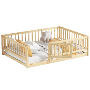 Ridstar 77 in. W Children's Wooden Full-Size Floor-Standing Bed Frame with Slats, Rails & Door for Girls & Boy-Oak - 1 of 4