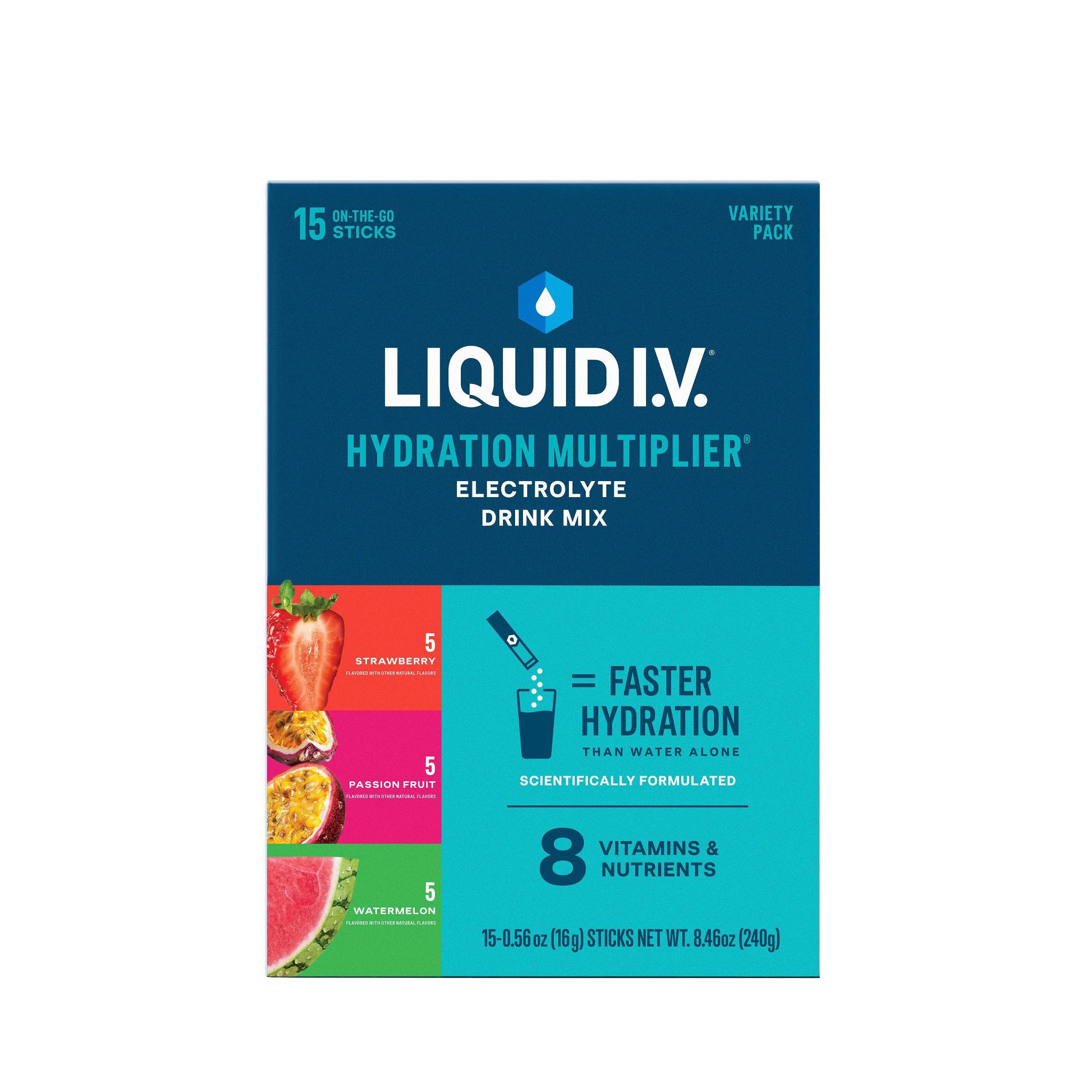Liquid I.V. Hydration Multiplier Vegan Powder Electrolyte Supplements Variety Pack - Strawberry, Passionfruit, Watermelon - 15ct/0.56oz
