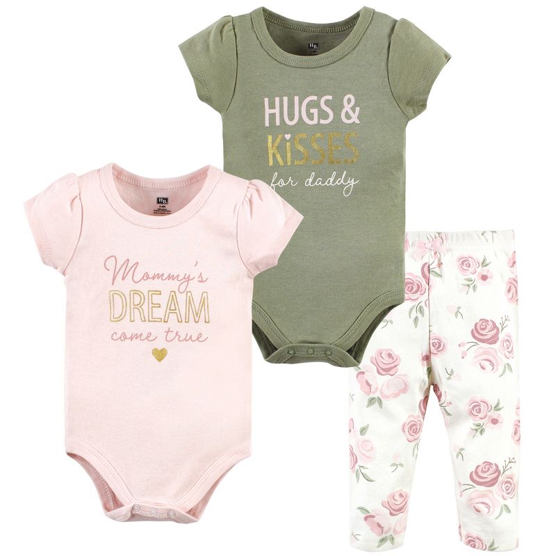 Hudson Baby Infant Girls Cotton Bodysuit and Pant Set, Mom Dad Floral, 1 of 6