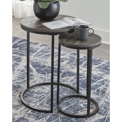 Gray and Black Round Wood Metal Nesting Tables, Set of 2