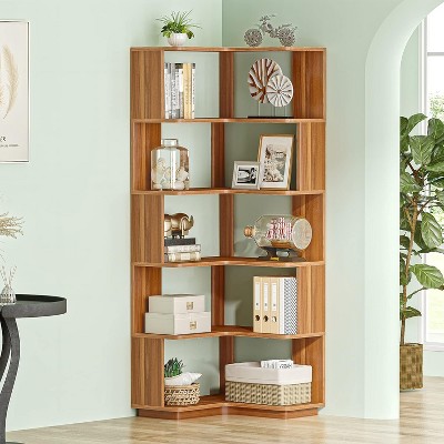 64.96" Brown Wood Grain 6-Tier Corner Bookshelf