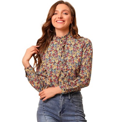 Allegra K Women's Floral Button Up Ruffle Stand Collar Long Sleeve Shirt