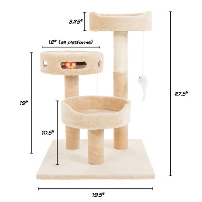 3-Tier Beige and Brown Sisal Cat Tree with Toys