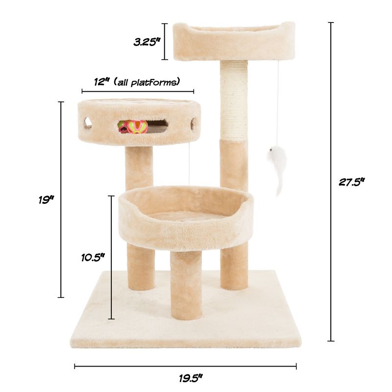 3-Tier Cat Tree - 2 Carpeted Napping Perches, Sisal Rope Scratching Post, Hanging Mouse, and Interactive Cheese Wheel Toy by PETMAKER (Tan and Brown), 2 of 8