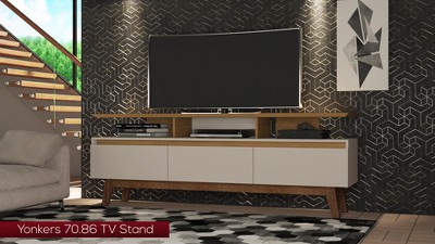 Mid-Century Modern White TV Stand with Open & Concealed Storage, 70.86"