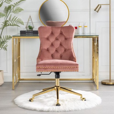 CAVINAS Ergonomic Office Chair, Tufted Button Home Office Chair with Golden Metal Base, Velvet Upholstered Adjustable Desk Chair Swivel Office Chair
