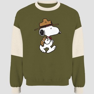 Men's Peanuts Snoopy Camper Crewneck Pullover Sweatshirt - Green - 1 of 2