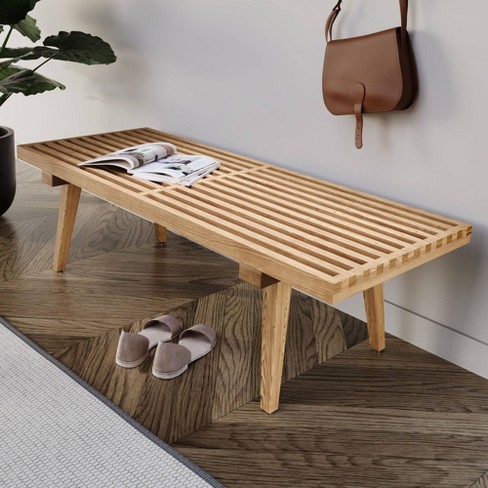 LeisureMod: 48" Mid-Century Slatted Wood Entry Bench - image 1 of 4