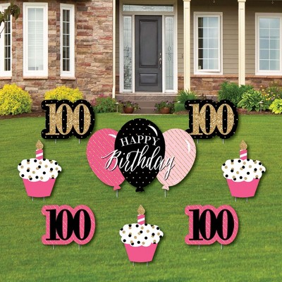 Big Dot of Happiness Chic 100th Birthday - Pink, Black and Gold - Yard Sign and Outdoor Lawn Decorations - Happy Birthday Party Yard Signs - Set of 8