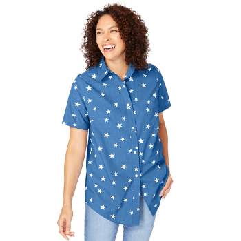 Woman Within Plus Size Perfect Short Sleeve Button-Down Shirt Oversized Tunic Blouse