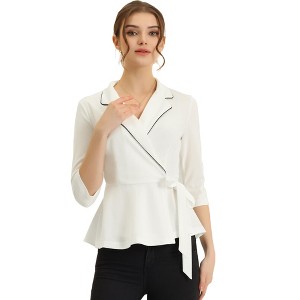 Allegra K Women's Notch Lapel Collar 3/4 Sleeve Tie Waist Peplum Top - 1 of 4