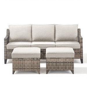 Buenhomino Patio Furniture Set 3PCS Conversation Set Wicker Sofa with 2 Rattan Ottomans Gray Wicker Armest Rattan Couch Set - 1 of 4