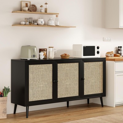 FURNIinspire Utility Storage Cabinets Modern Console Cabinet Bar Cabinet Sideboard Buffet Cabinet With 3 Rattan Doors, Black, 15.4"*59.1"*31.1"