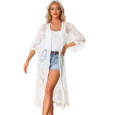 Allegra K Women's Summer Beach Floral Lace 3/4 Sleeve Long Bikini Swim Cover-Up