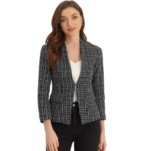 Allegra K Women's Long Sleeve Open Front Work Office Plaid Tweed Blazer - 1 of 4