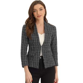 Allegra K Women's Long Sleeve Open Front Work Office Plaid Tweed Blazer