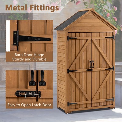 Brown Fir Wood Outdoor Storage Cabinet with Shelves and Lock