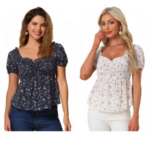 INSPIRE CHIC Women's Short Sleeve Floral Sweetheart Neck Shirred Ruffle Peasant Top 2 Packs - 1 of 4